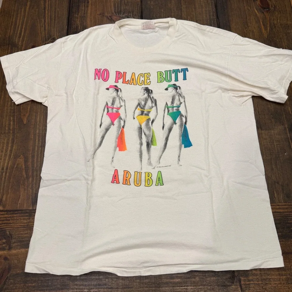 Vintage 1990 No Place Butt Aruba T Shirt Hanes Heavyweight XL Single Stitch Neon - Picture 1 of 7